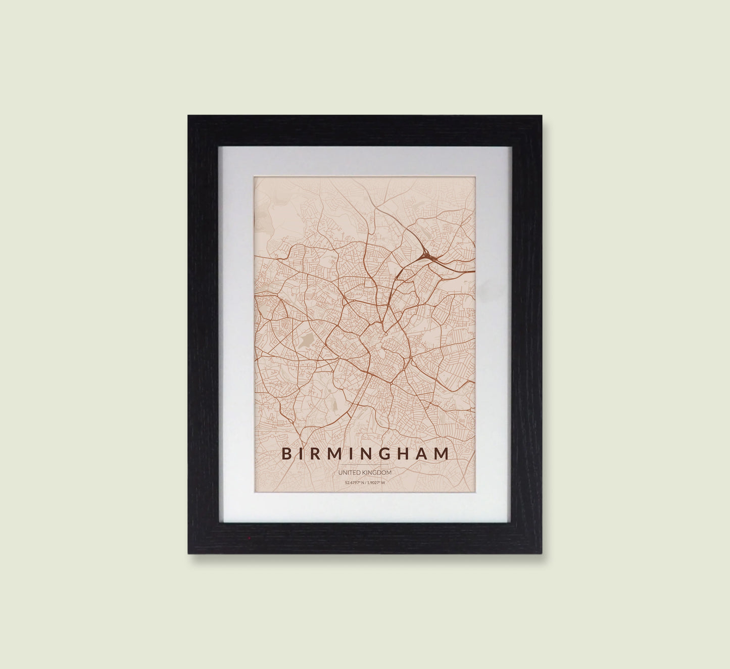 Framed Birmingham City Map Print - Copper Edition A4 Poster - Modern Black Frame