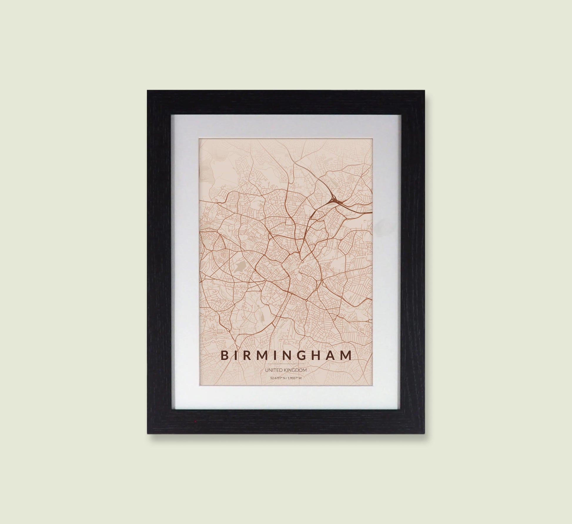 Framed Birmingham City Map Print - Copper Edition A4 Poster - Modern Black Frame
