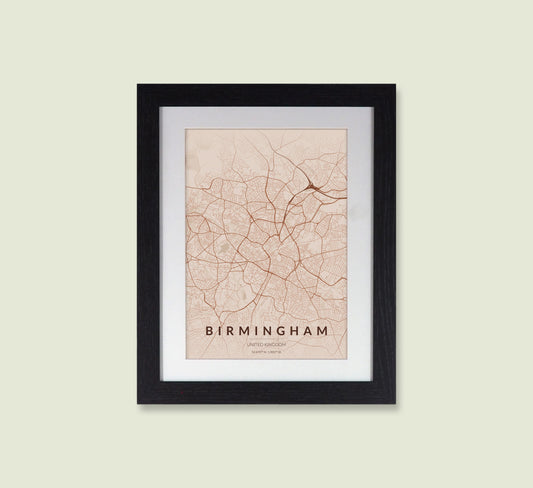Framed Birmingham City Map Print - Copper Edition A4 Poster - Modern Black Frame