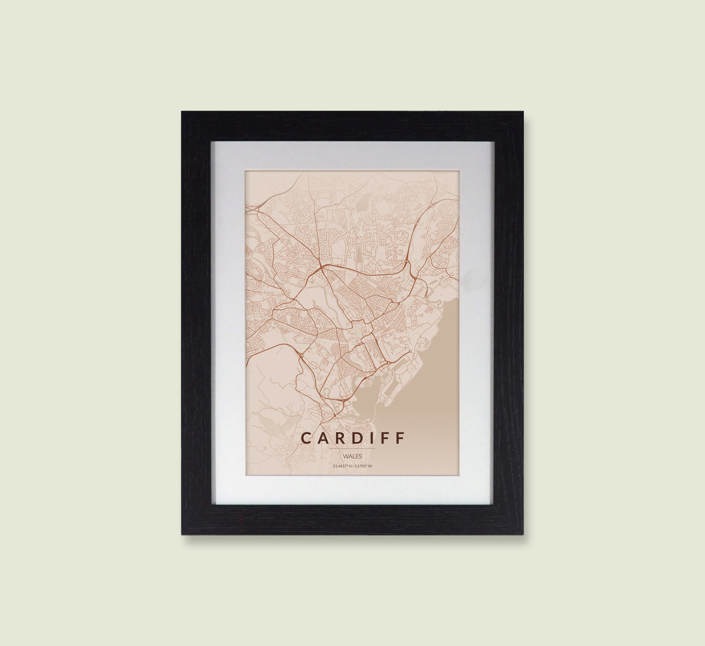 Framed Cardiff City Map Print - Copper Edition A4 Poster - Modern Black Frame