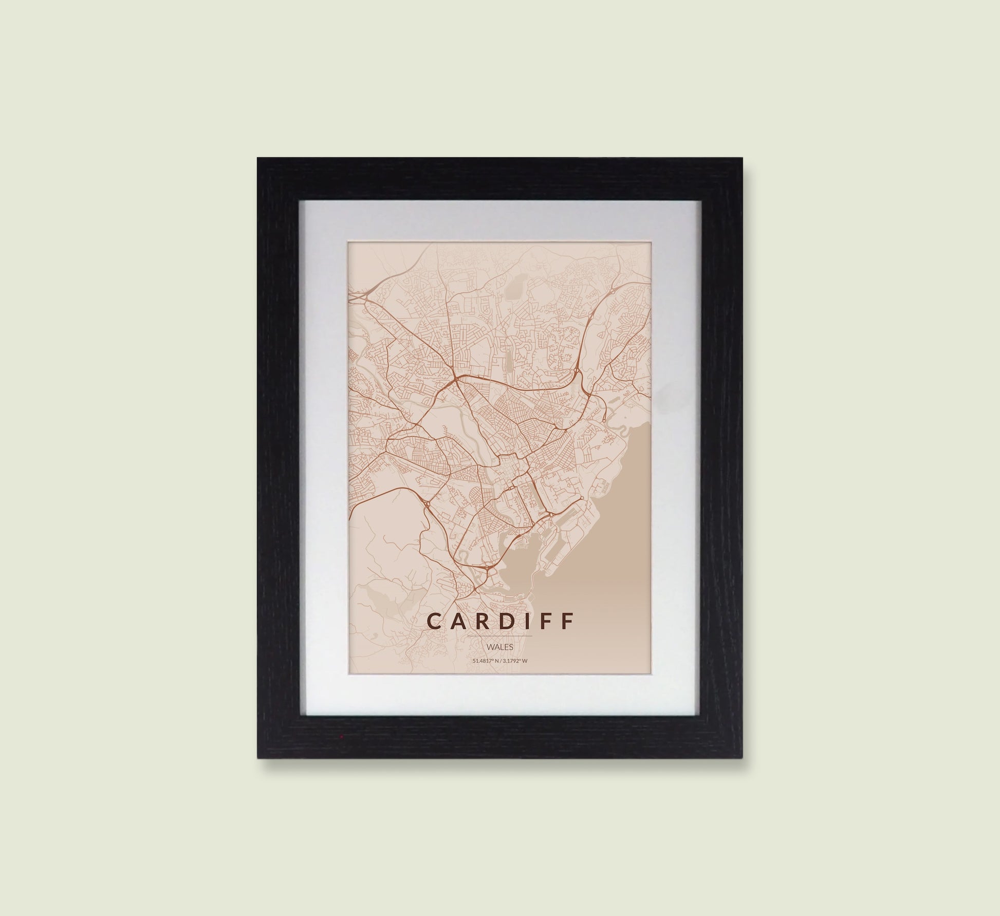 Framed Cardiff City Map Print - Copper Edition A4 Poster - Modern Black Frame