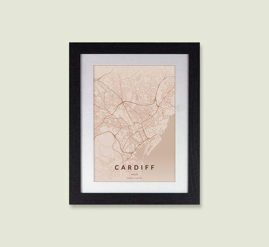Framed Cardiff City Map Print - Copper Edition A4 Poster - Modern Black Frame