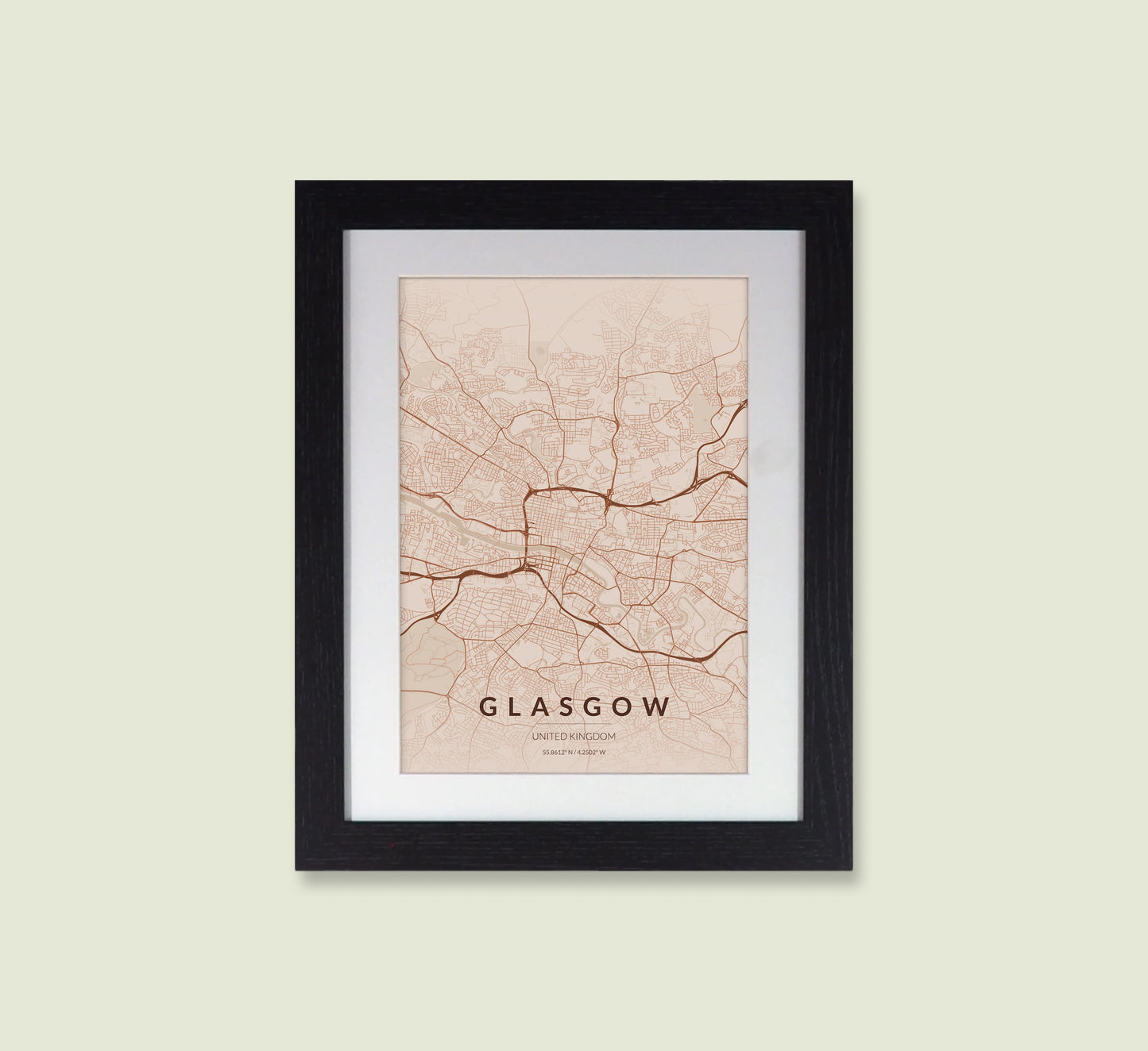 Framed Glasgow City Map Print - Copper Edition A4 Poster - Modern Black Frame