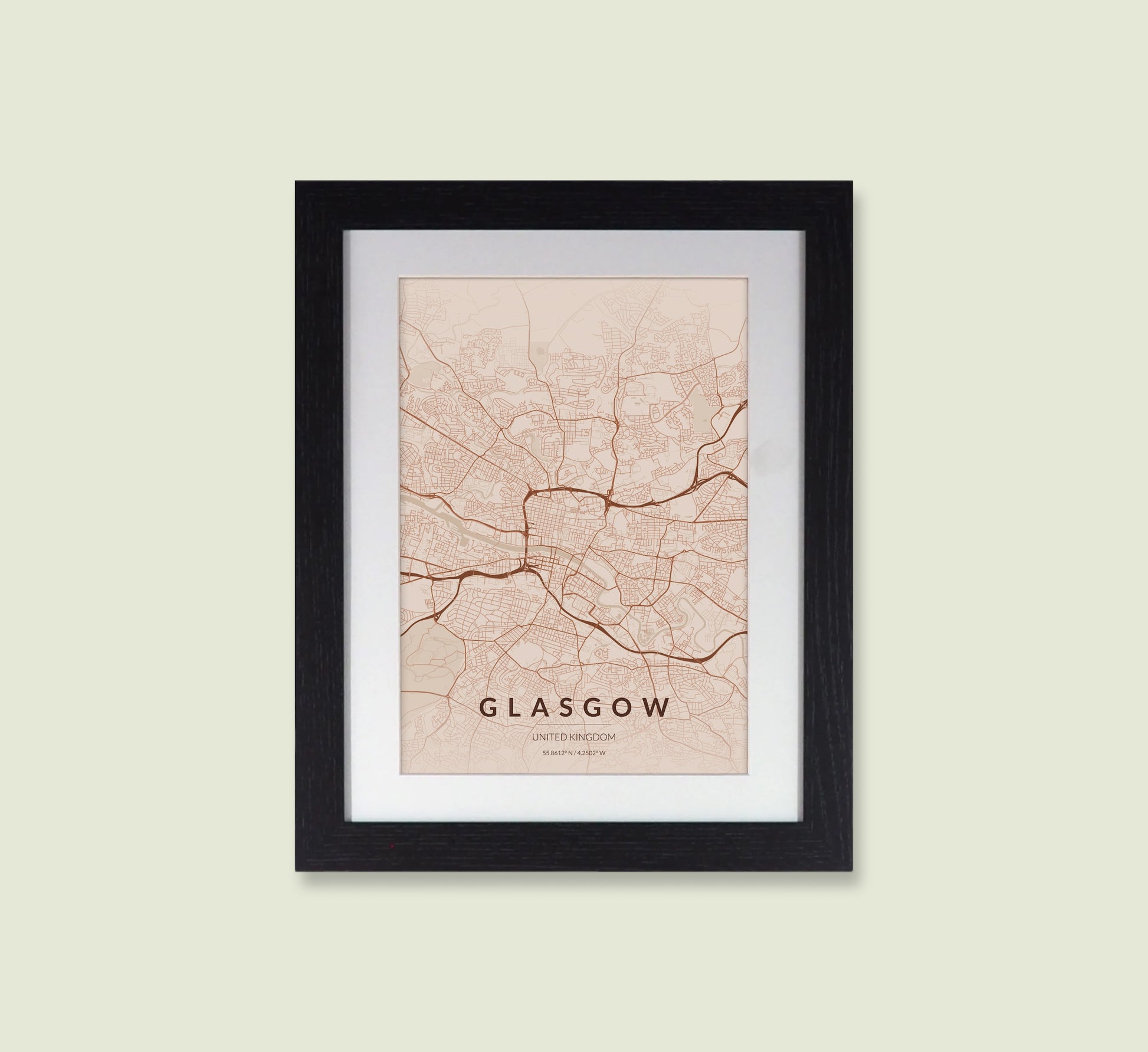 Framed Glasgow City Map Print - Copper Edition A4 Poster - Modern Black Frame
