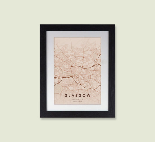 Framed Glasgow City Map Print - Copper Edition A4 Poster - Modern Black Frame