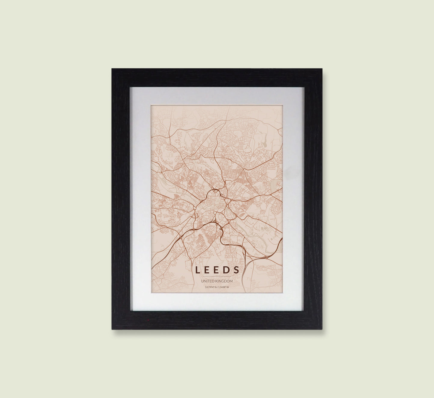 Framed Leeds City Map Print - Copper Edition A4 Poster - Modern Black Frame