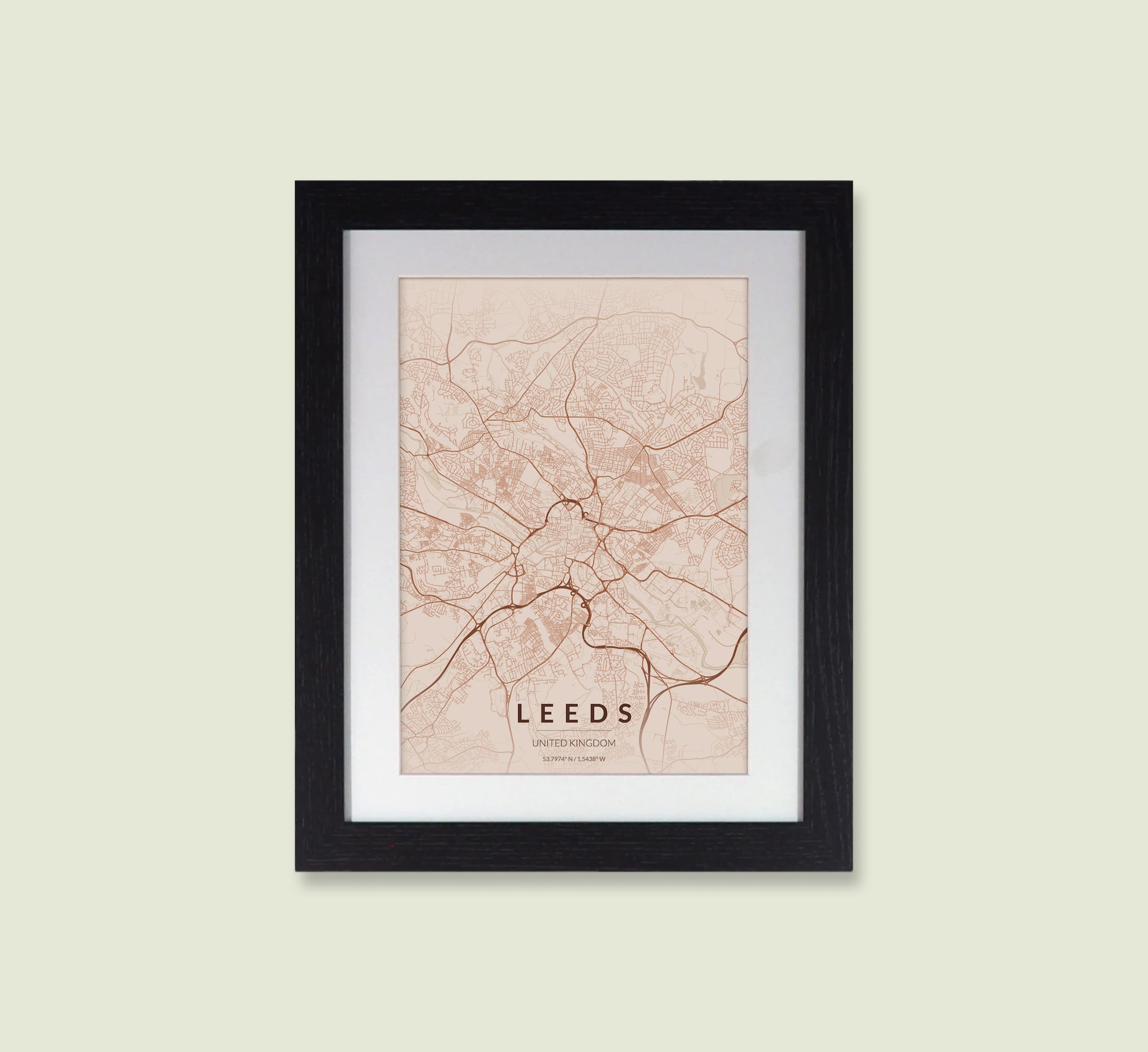 Framed Leeds City Map Print - Copper Edition A4 Poster - Modern Black Frame