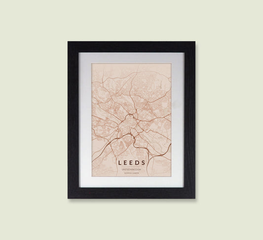 Framed Leeds City Map Print - Copper Edition A4 Poster - Modern Black Frame