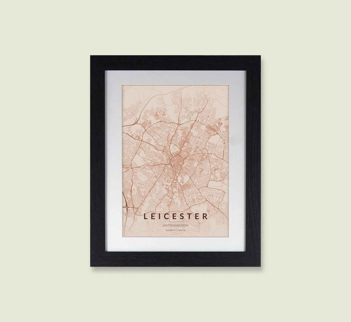 Framed Leicester City Map Print - Copper Edition A4 Poster - Modern Black Frame