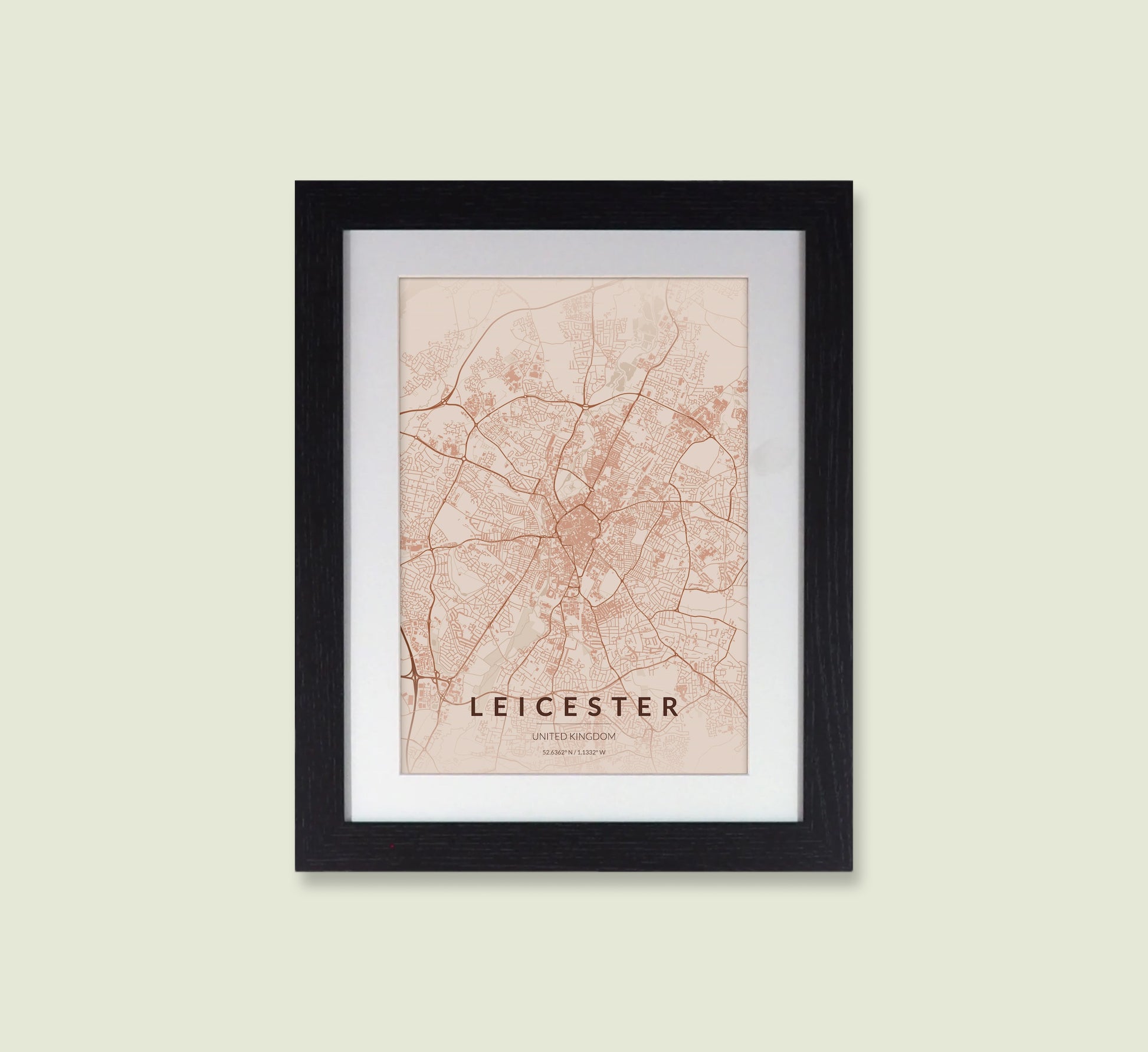Framed Leicester City Map Print - Copper Edition A4 Poster - Modern Black Frame
