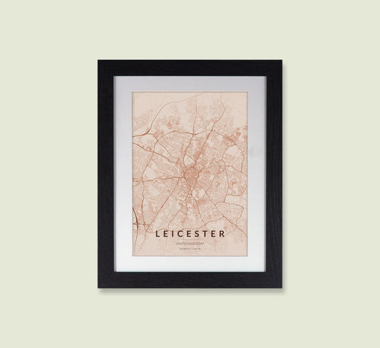 Framed Leicester City Map Print - Copper Edition A4 Poster - Modern Black Frame