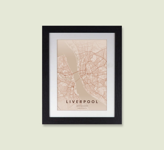 Framed Liverpool City Map Print - Copper Edition A4 Poster - Modern Black Frame