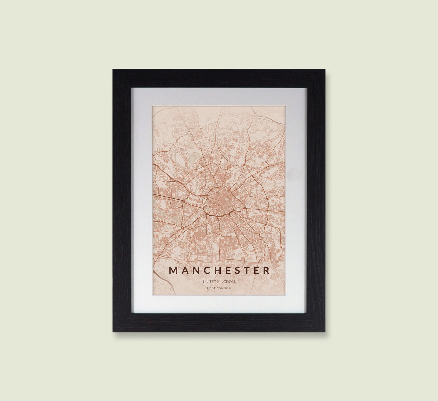 Framed Manchester City Map Print - Copper Edition A4 Poster - Modern Black Frame