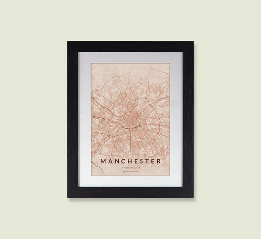 Framed Manchester City Map Print - Copper Edition A4 Poster - Modern Black Frame