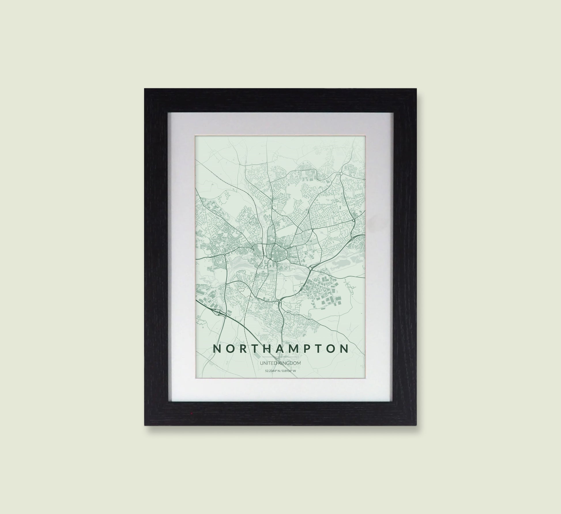 Framed Northampton City Map Print - Heritage Green Edition A4 Poster - Modern Black Frame