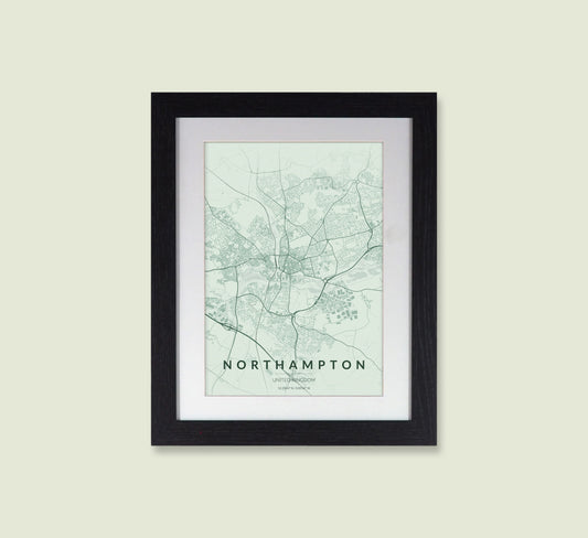 Framed Northampton City Map Print - Heritage Green Edition A4 Poster - Modern Black Frame