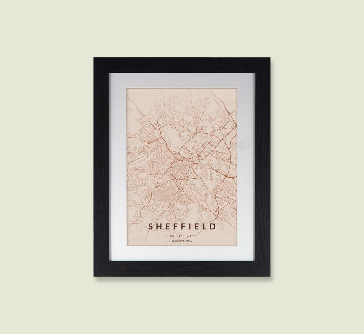 Framed Sheffield City Map Print - Copper Edition A4 Poster - Modern Black Frame