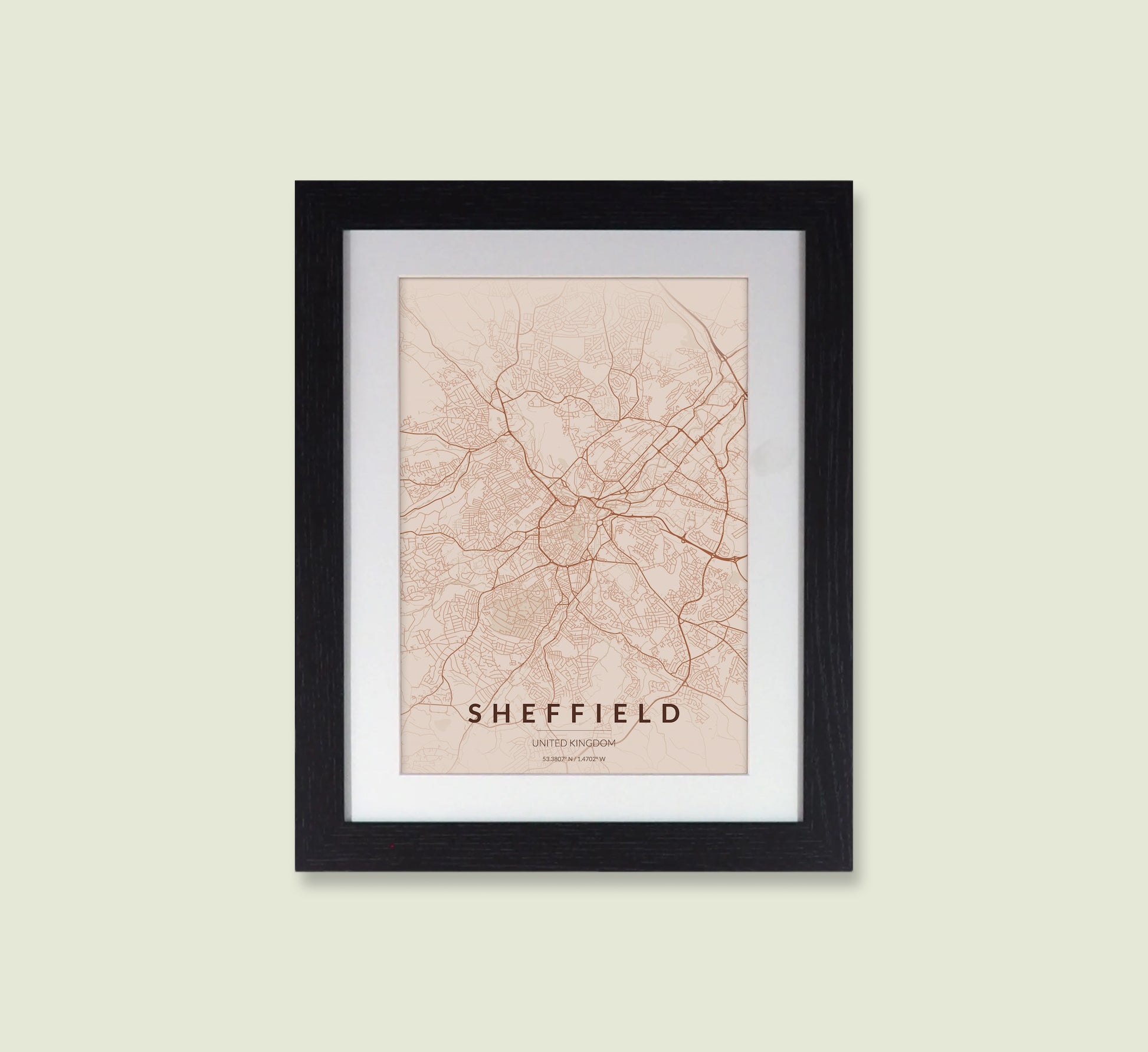 Framed Sheffield City Map Print - Copper Edition A4 Poster - Modern Black Frame