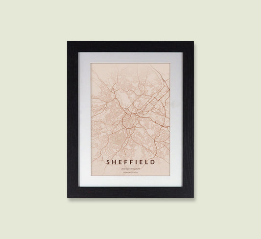Framed Sheffield City Map Print - Copper Edition A4 Poster - Modern Black Frame