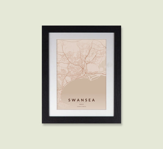 Framed Swansea City Map Print - Copper Edition A4 Poster - Modern Black Frame
