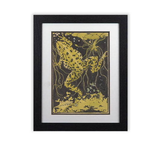 Julie de Graag Frog Woodcut Framed Print - Art Nouveau Nature Illustration,