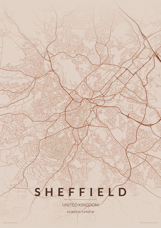 Sheffield City Map Print - Copper Edition