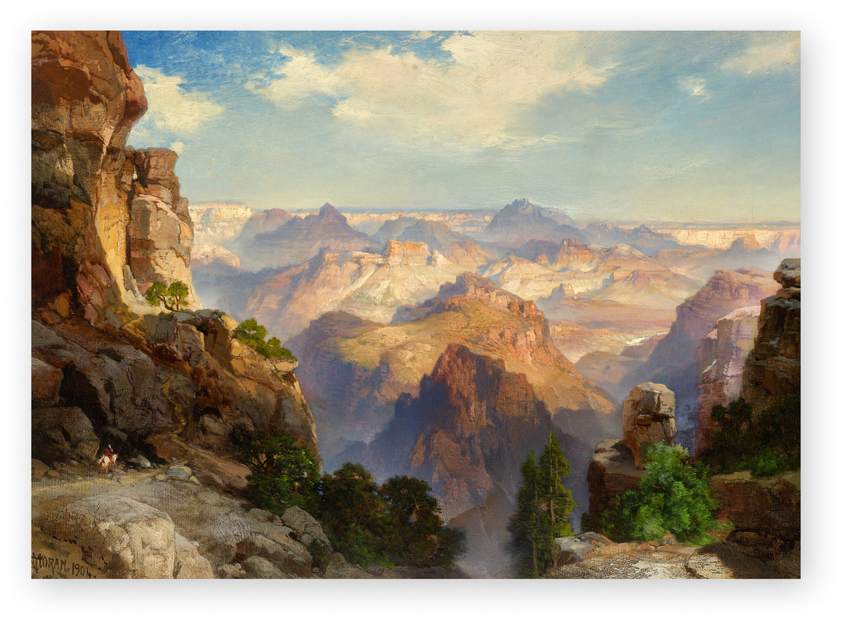 A landscape art print depicting the Grand Canyon with layered rock formations, green trees, and a blue sky with soft white clouds.