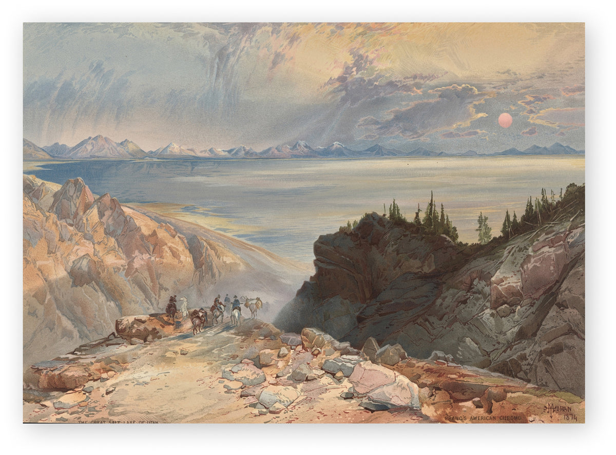 A scenic landscape artwork showing a rocky mountain pass overlooking a broad lake or river, with distant mountains, a small group of riders on horseback near the lower left, and a dramatic cloudy sky with a pale sun or moon.