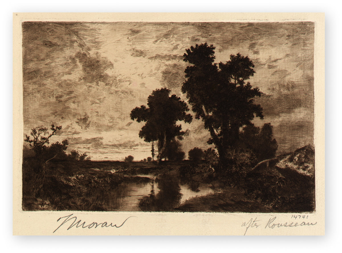 A sepia-toned landscape art print featuring dark trees beside a reflective body of water under a cloudy sky, with handwritten signatures and dates on the cream border below the scene.
