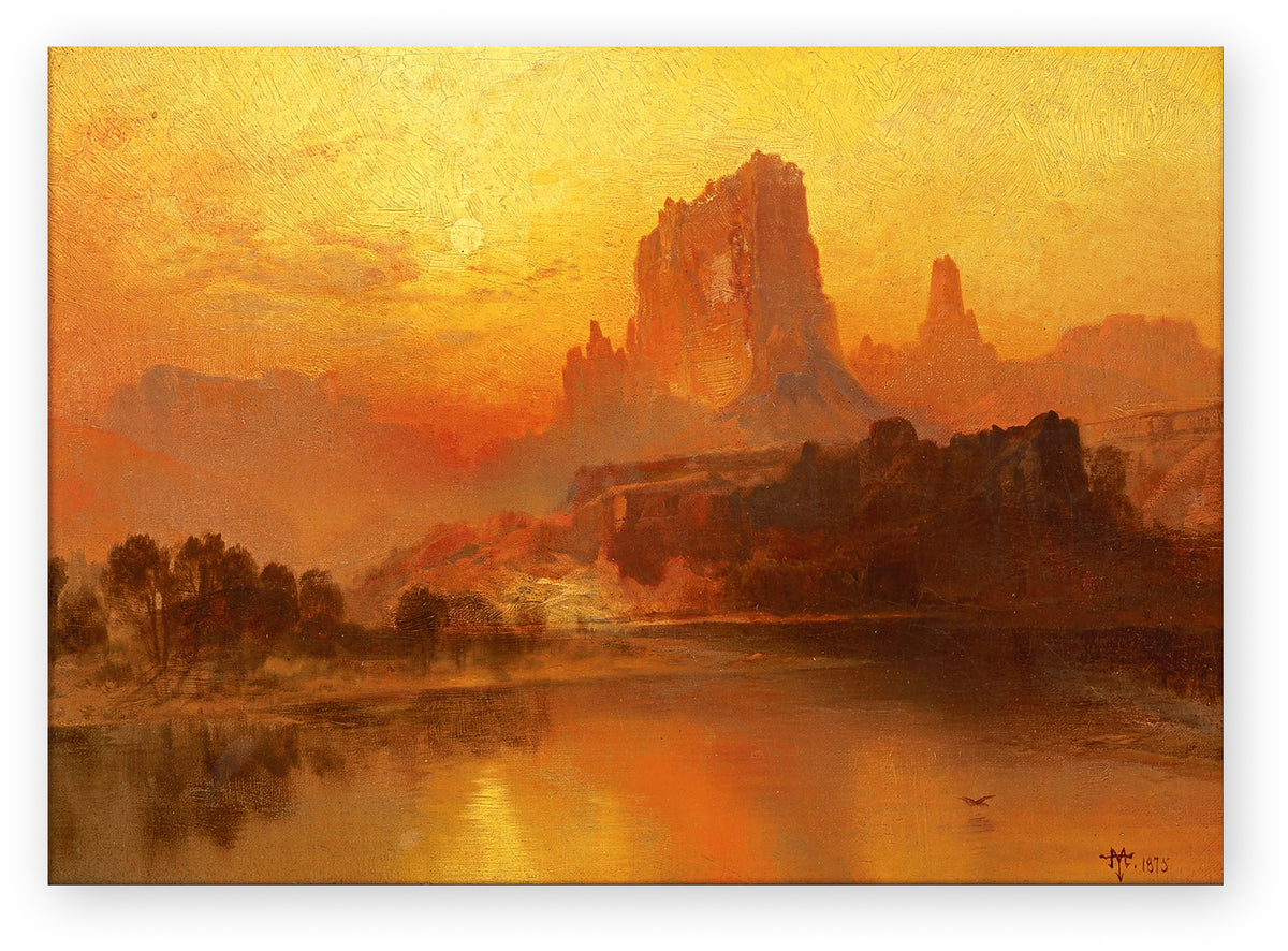 A warm-toned landscape painting of a desert canyon at sunset, with tall rock formations rising above a reflective river or lake. The scene is dominated by golden yellow, orange, and brown hues, with darker silhouetted trees and cliffs in the foreground.