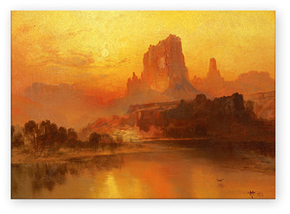 A warm-toned landscape painting of a desert canyon at sunset, with tall rock formations rising above a reflective river or lake. The scene is dominated by golden yellow, orange, and brown hues, with darker silhouetted trees and cliffs in the foreground.