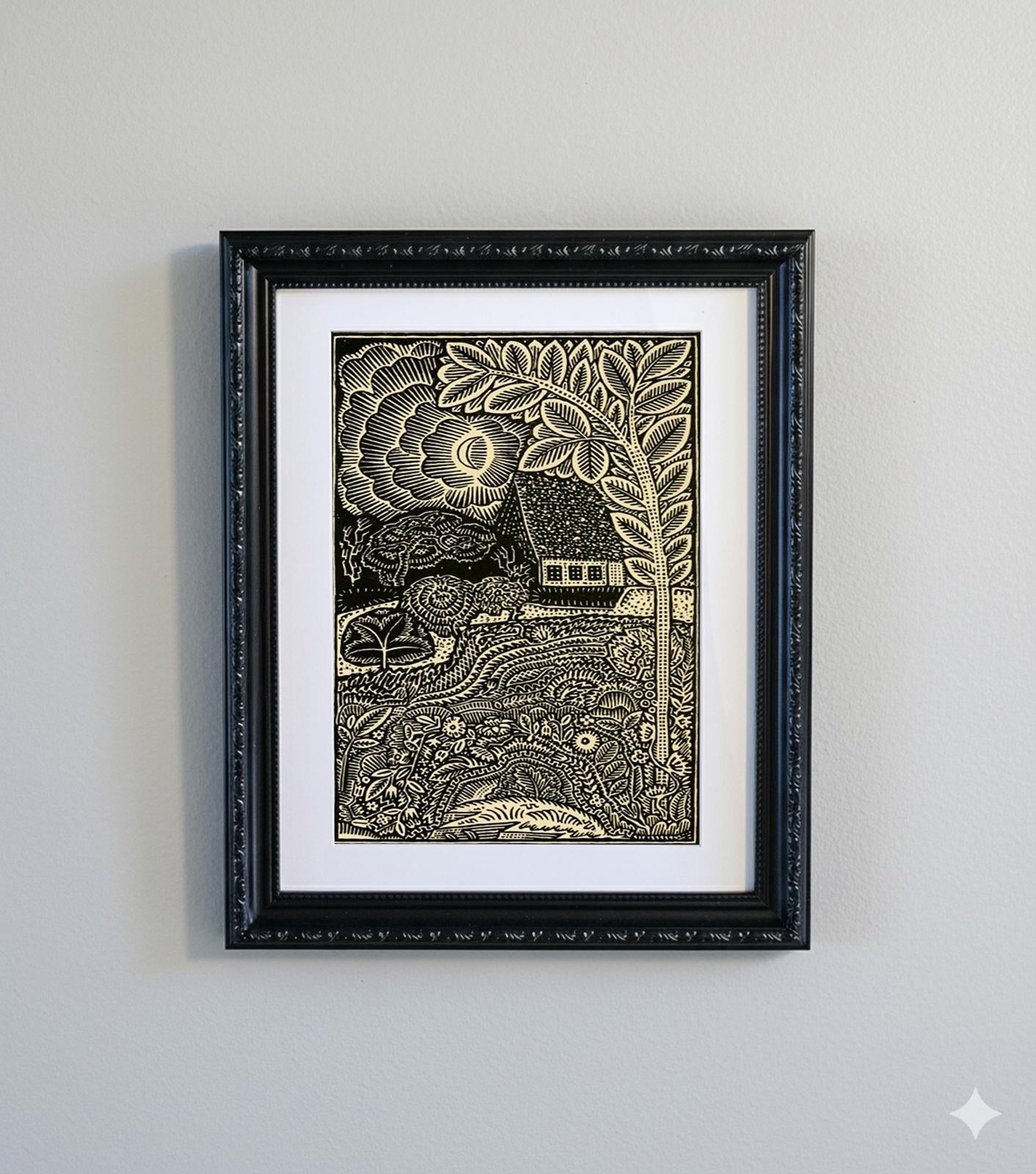 Framed Black Woodcut Print - Intricate Night Scene