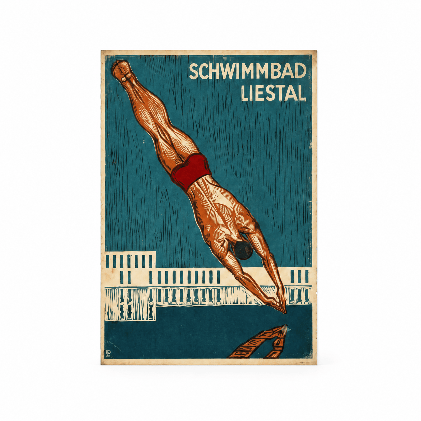 Vintage Schwimmbad Liestal Swimming Poster – A4 Retro Swiss Woodcut Art Print