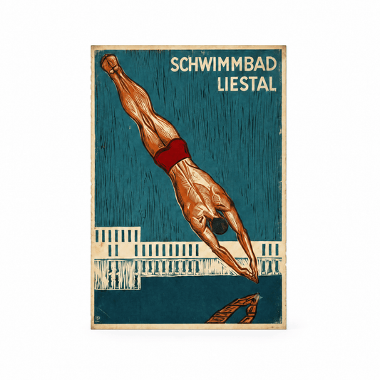 Vintage Schwimmbad Liestal Swimming Poster – A4 Retro Swiss Woodcut Art Print