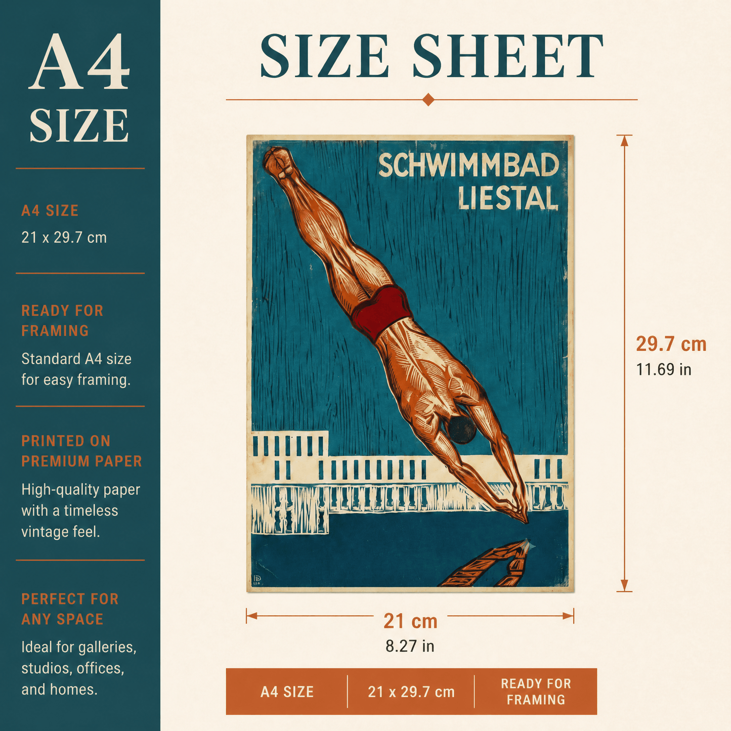 Vintage Schwimmbad Liestal Swimming Poster – A4 Retro Swiss Woodcut Art Print
