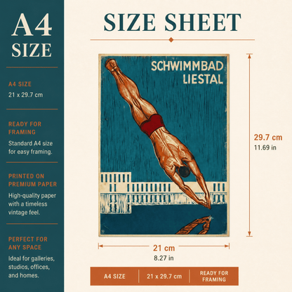 Vintage Schwimmbad Liestal Swimming Poster – A4 Retro Swiss Woodcut Art Print