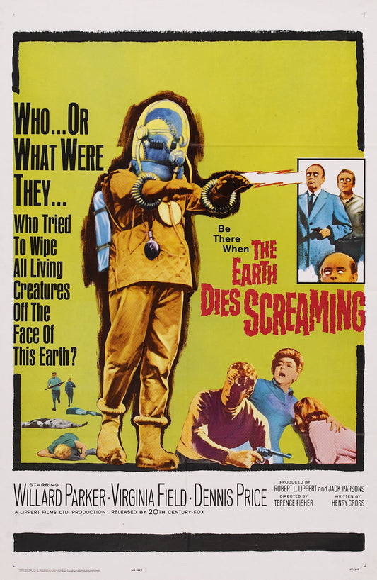 Vintage movie poster for The Earth Dies Screaming with a futuristic figure and terrified characters
