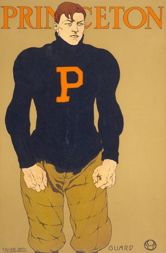 Vintage illustration of a Princeton football player in classic black jersey with orange 'P' and tan quilted trousers, standing confidently