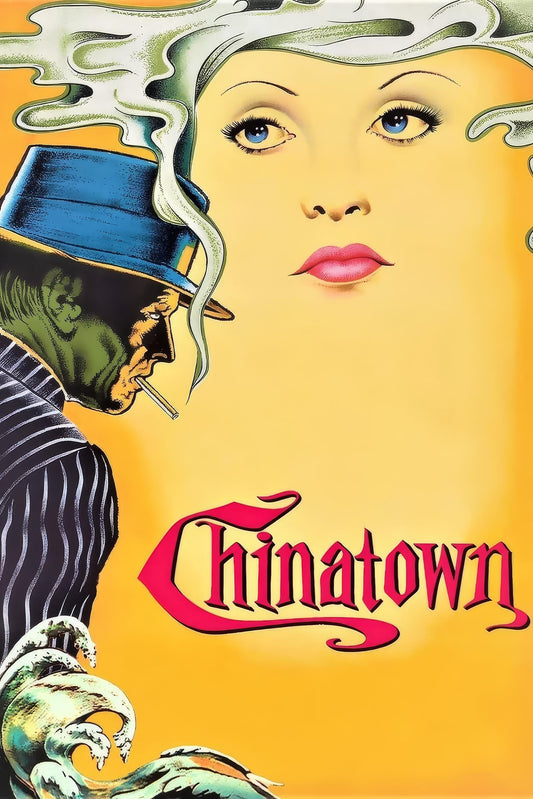 Chinatown vintage movie poster print with illustrated faces and yellow background