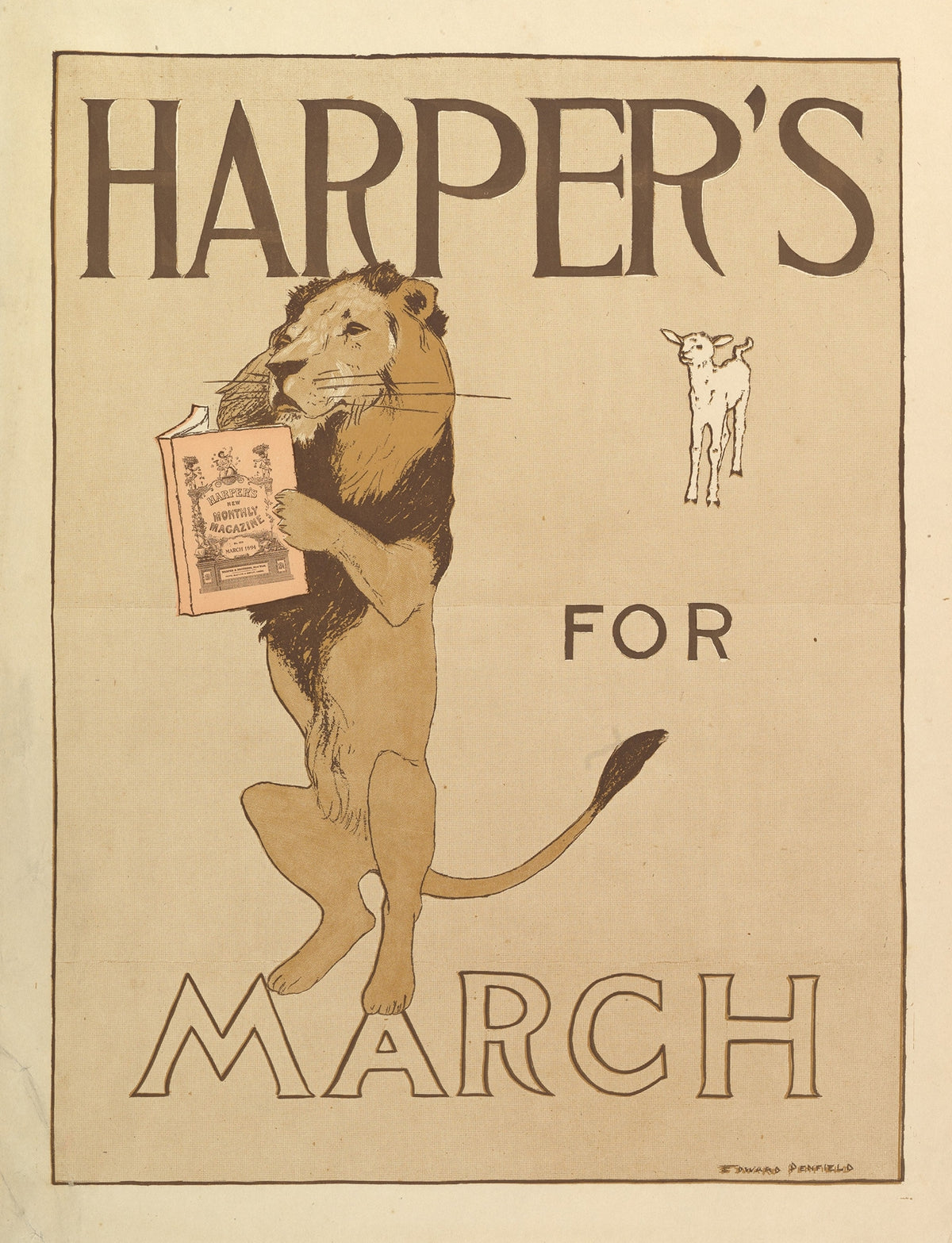 Vintage poster of a lion holding a Harper’s Magazine with bold text and a small lamb illustration
