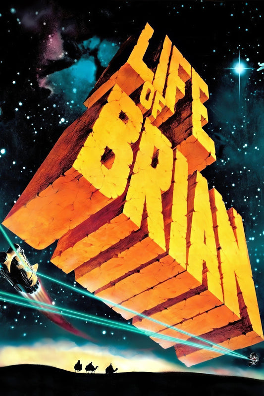 Life of Brian poster with large yellow 3D block letters against a starry background and movie-inspired illustrations