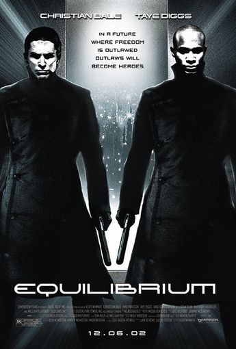 Equilibrium movie poster showing two characters in black coats with dramatic lighting and film title text