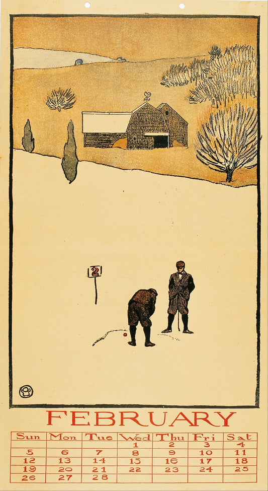 Vintage February calendar art print with countryside barn, trees, and two people in winter landscape
