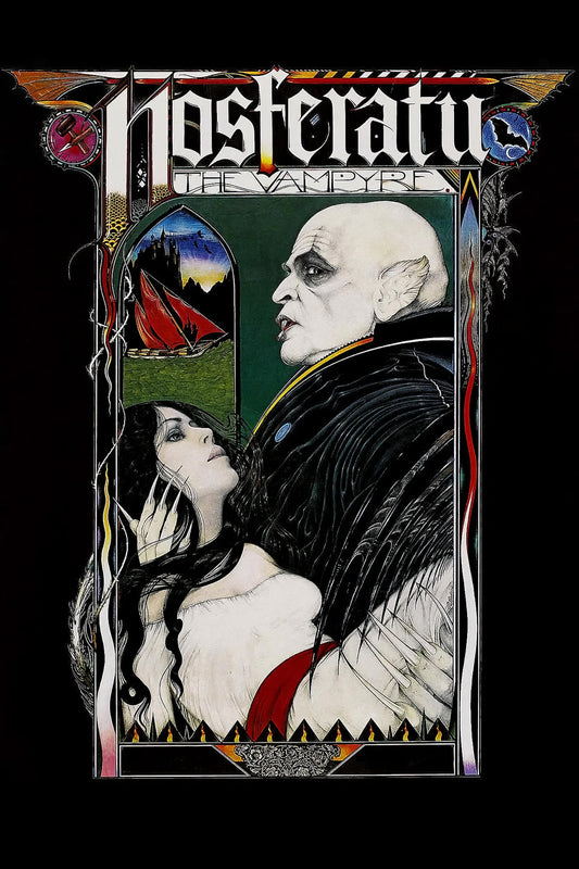 Stylish Nosferatu The Vampyre illustrated art poster featuring a gothic vampire and woman in dramatic colors and intricate detail