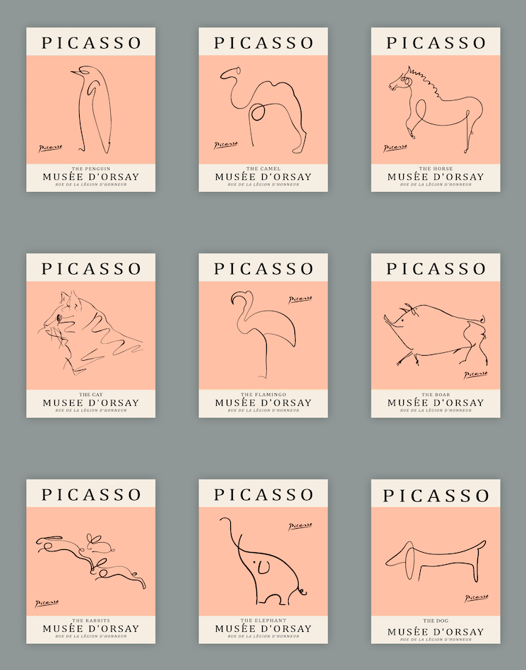 A set of nine minimalist Picasso animal line drawing prints on a warm peach background, featuring a penguin, camel, horse, cat, flamingo, bull, rabbit, elephant, and dog.