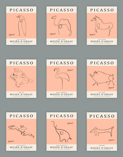 A set of nine minimalist Picasso animal line drawing prints on a warm peach background, featuring a penguin, camel, horse, cat, flamingo, bull, rabbit, elephant, and dog.
