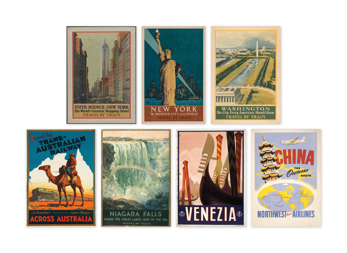 Eight vintage travel poster prints featuring iconic destinations including New York, Washington, Australia, Niagara Falls, Venice, and China