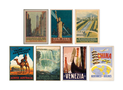 Eight vintage travel poster prints featuring iconic destinations including New York, Washington, Australia, Niagara Falls, Venice, and China