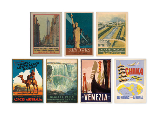 Eight vintage travel poster prints featuring iconic destinations including New York, Washington, Australia, Niagara Falls, Venice, and China