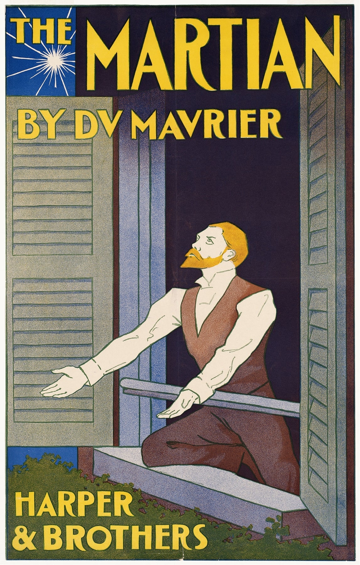 Vintage art print of The Martian book cover featuring a bearded man at a window with bold retro typography.